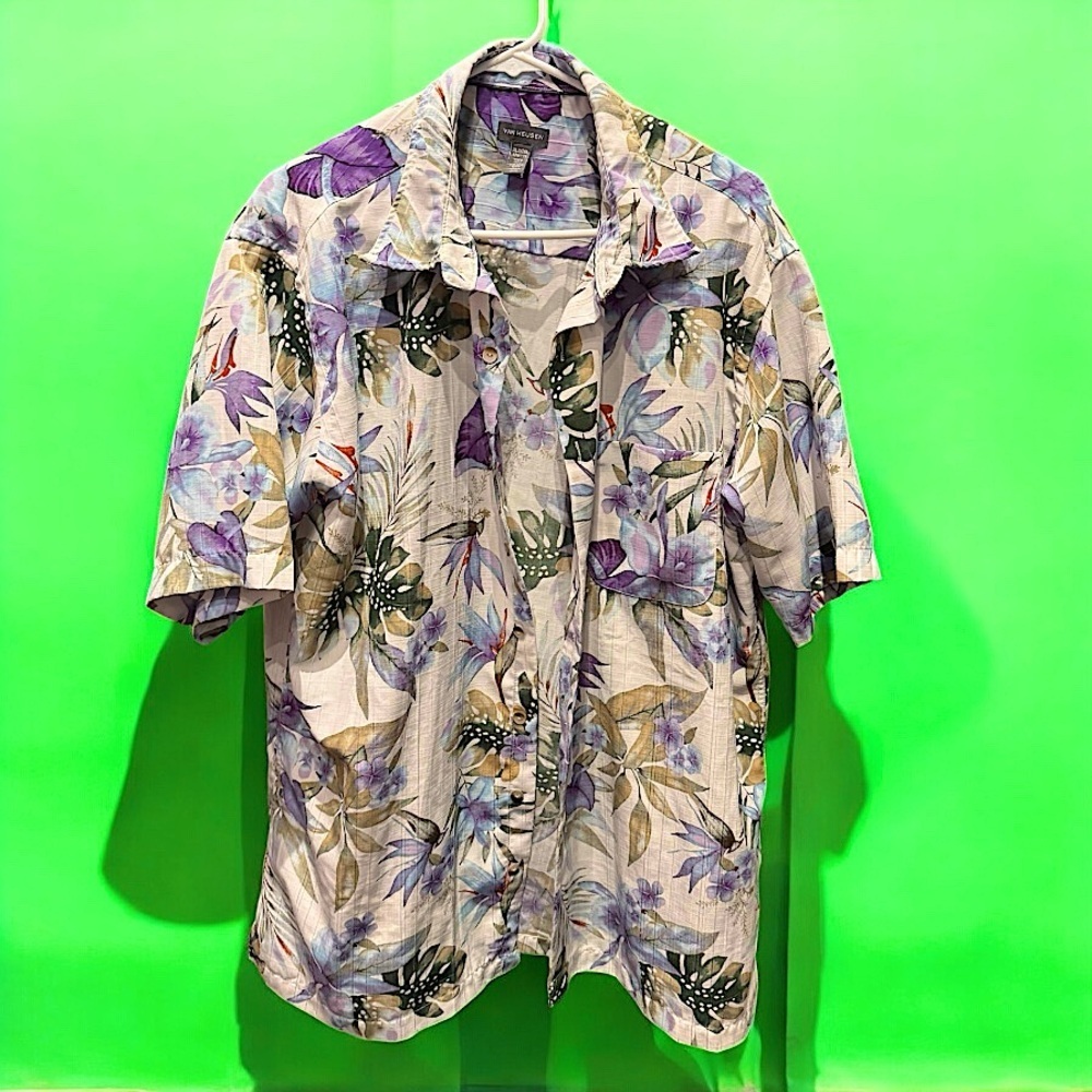 Van Heusen Purple and Beige Floral Button-Up Shirt Size XLT